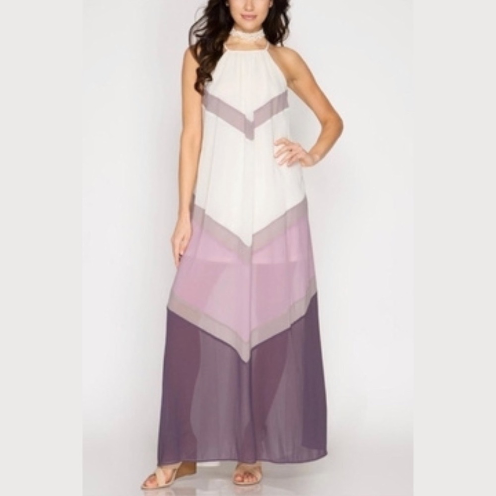 Purple Chevron Color Block Maxi Dress